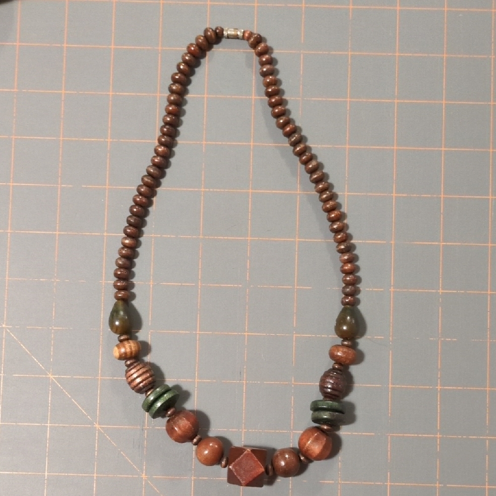 Brown and Green Wood Bead Necklace